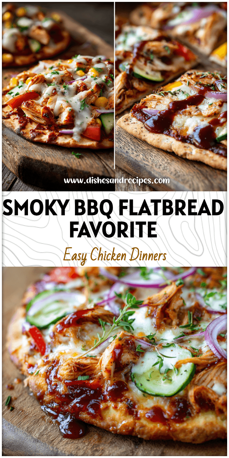 BBQ chicken flatbread pizza with melted cheese, BBQ sauce, and herbs on a rustic wooden board